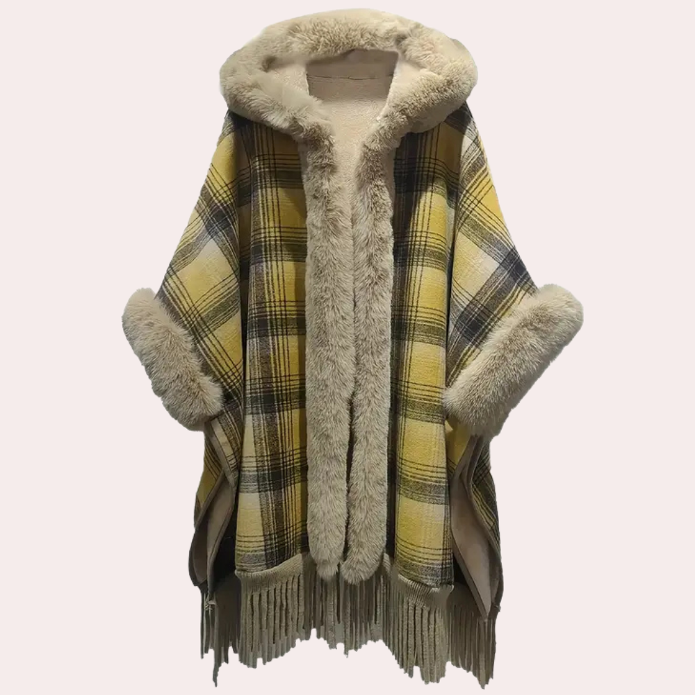 EB | Poncho-Jacke - Luxus-Damenumhang mit Kapuze und Fake-Fur-Besatz