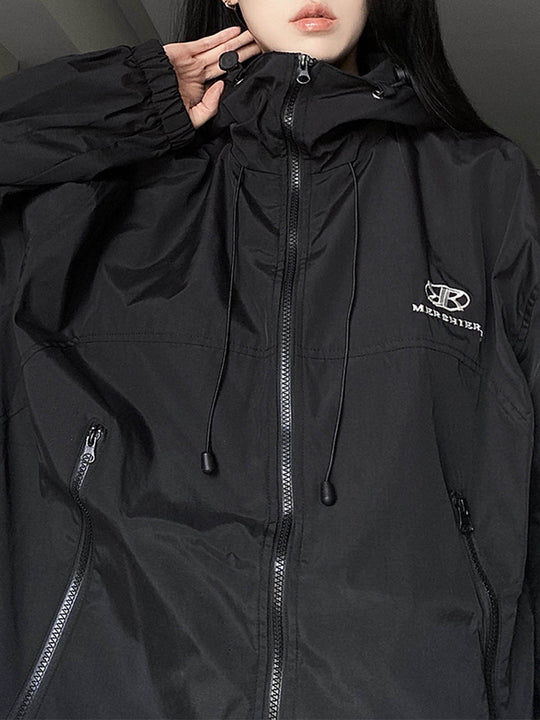 EB | Retro Schwarze Wasserdichte Outdoorjacke mit Kapuze