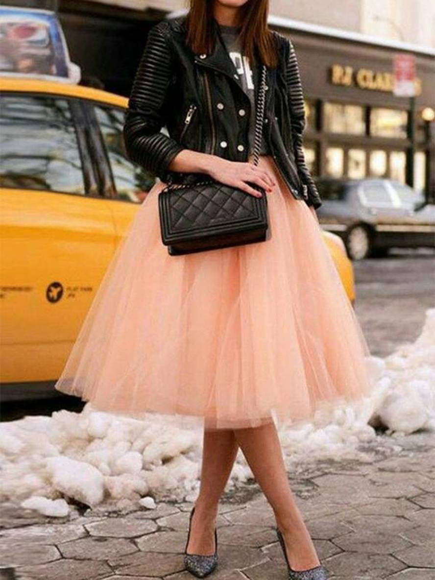 EB | Midi-Länge Faltenrock Elastischer Tutu Aus Tüll Elegant Rosa