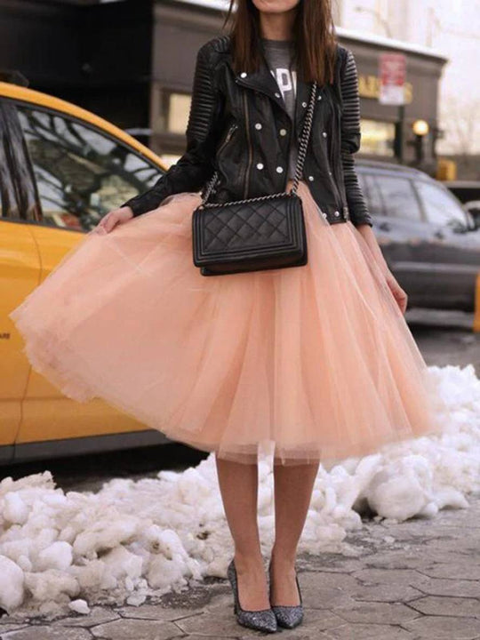 EB | Midi-Länge Faltenrock Elastischer Tutu Aus Tüll Elegant Rosa