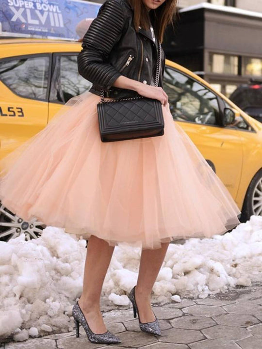 EB | Midi-Länge Faltenrock Elastischer Tutu Aus Tüll Elegant Rosa