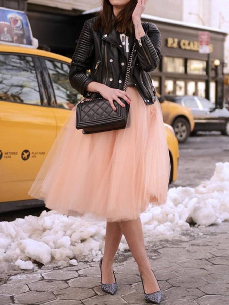 EB | Midi-Länge Faltenrock Elastischer Tutu Aus Tüll Elegant Rosa
