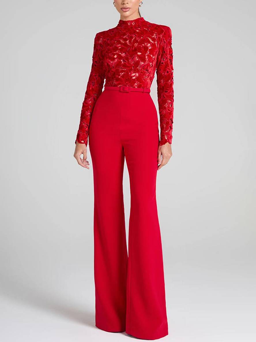 EB | Ausgestellte Jumpsuits Englische Stickerei Runder Ausschnitt Lange Ärmel Gürtel Frauen Elegant Lässig Slim Fitness