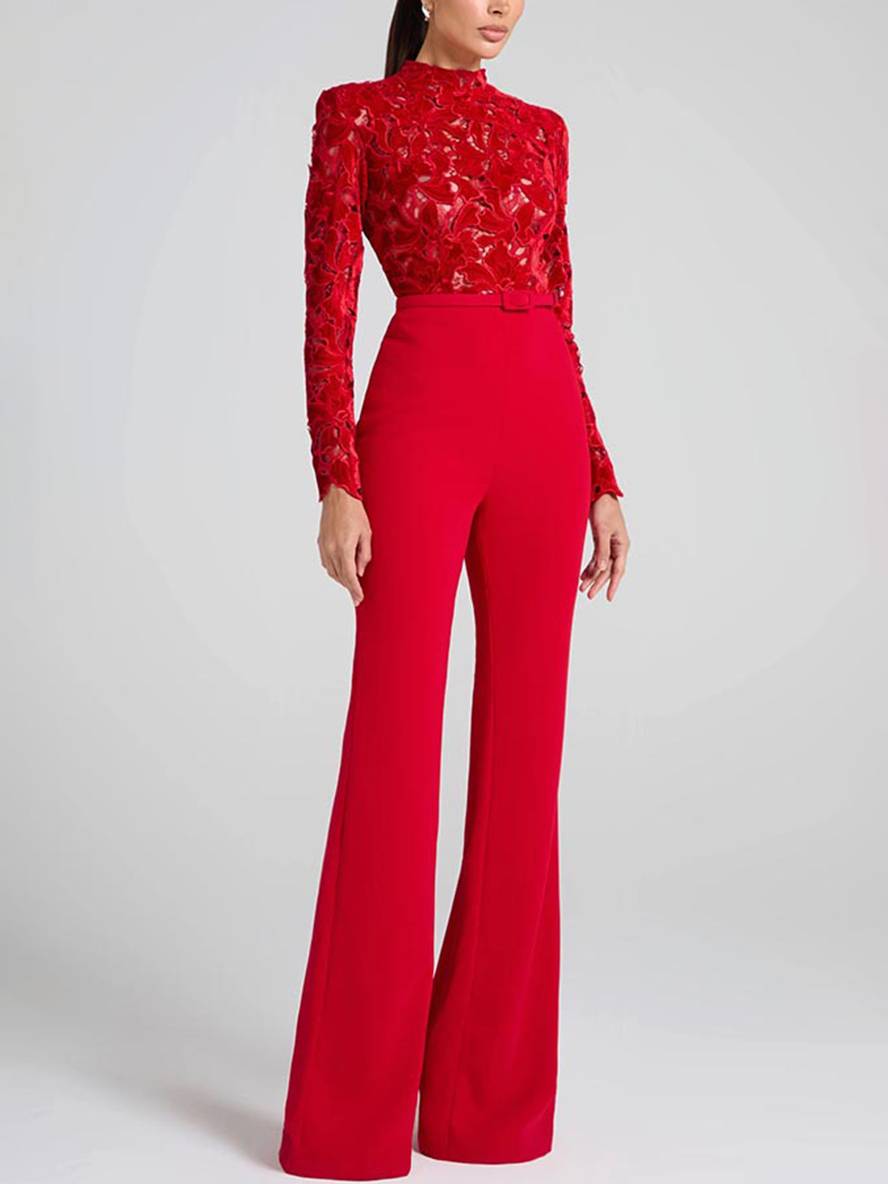 EB | Ausgestellte Jumpsuits Englische Stickerei Runder Ausschnitt Lange Ärmel Gürtel Frauen Elegant Lässig Slim Fitness