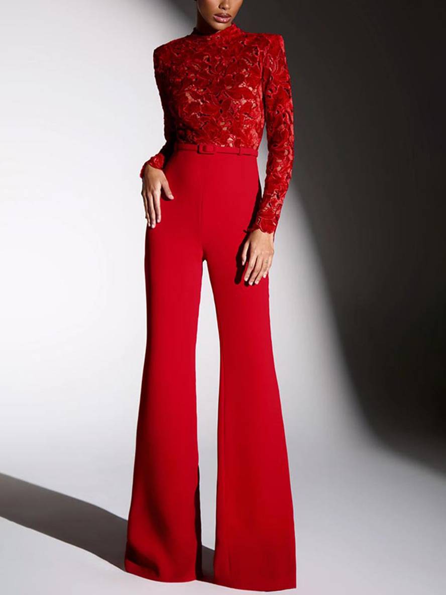 EB | Ausgestellte Jumpsuits Englische Stickerei Runder Ausschnitt Lange Ärmel Gürtel Frauen Elegant Lässig Slim Fitness
