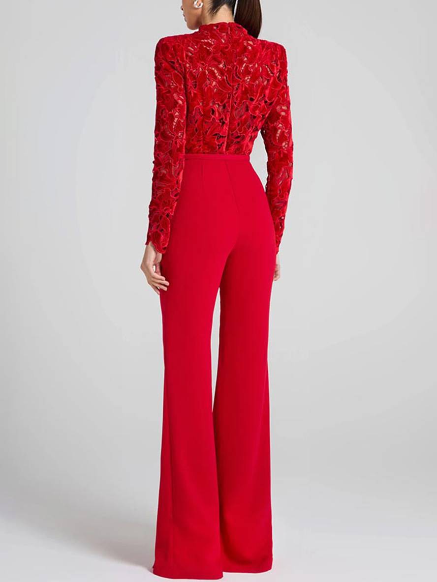 EB | Ausgestellte Jumpsuits Englische Stickerei Runder Ausschnitt Lange Ärmel Gürtel Frauen Elegant Lässig Slim Fitness