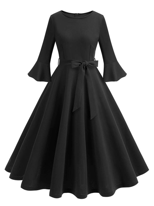 Heidi-Mode | Lange Trapezkleid Fluid Schleifen-Gürtel Flauffed Ärmeln Elegant Vintage Abschlussball Halloween