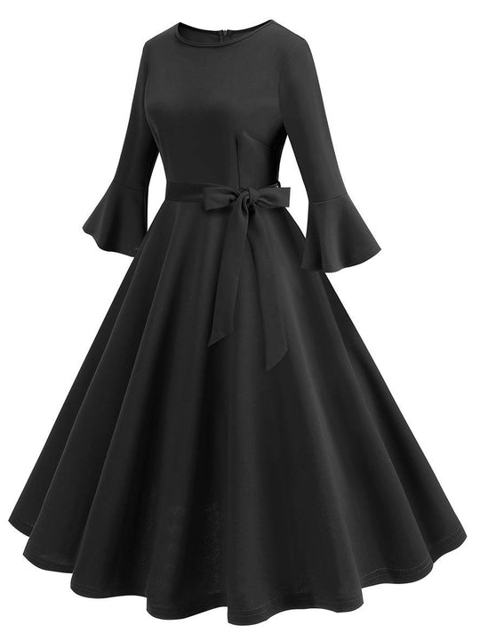 Heidi-Mode | Lange Trapezkleid Fluid Schleifen-Gürtel Flauffed Ärmeln Elegant Vintage Abschlussball Halloween