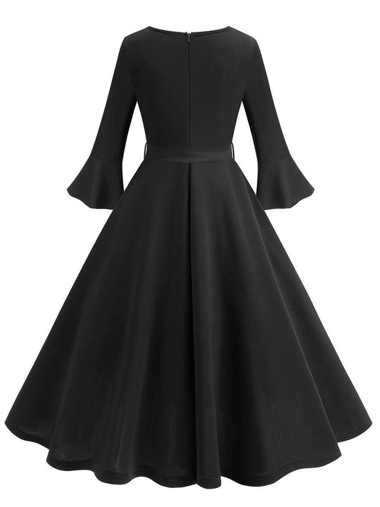 Heidi-Mode | Lange Trapezkleid Fluid Schleifen-Gürtel Flauffed Ärmeln Elegant Vintage Abschlussball Halloween