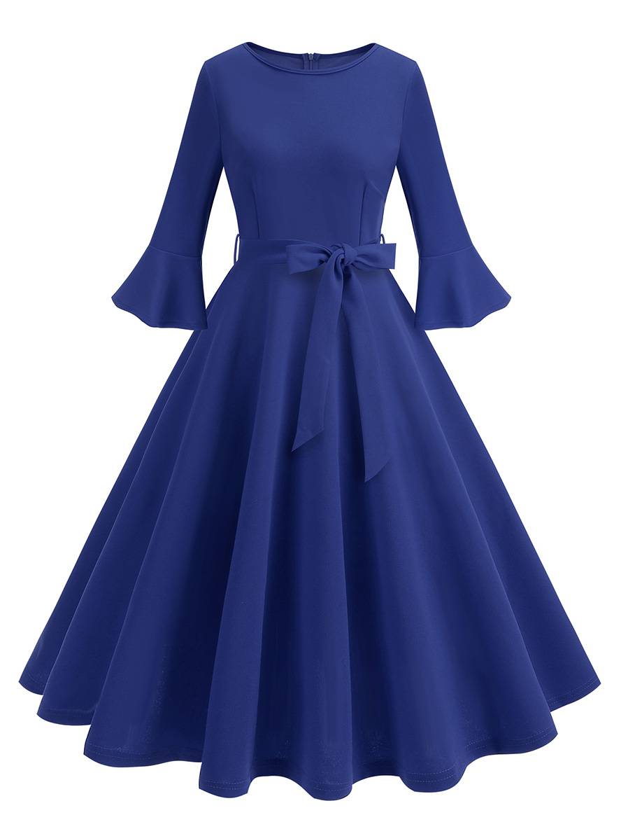 Heidi-Mode | Lange Trapezkleid Fluid Schleifen-Gürtel Flauffed Ärmeln Elegant Vintage Abschlussball Halloween