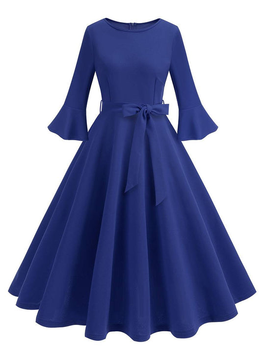 Heidi-Mode | Lange Trapezkleid Fluid Schleifen-Gürtel Flauffed Ärmeln Elegant Vintage Abschlussball Halloween