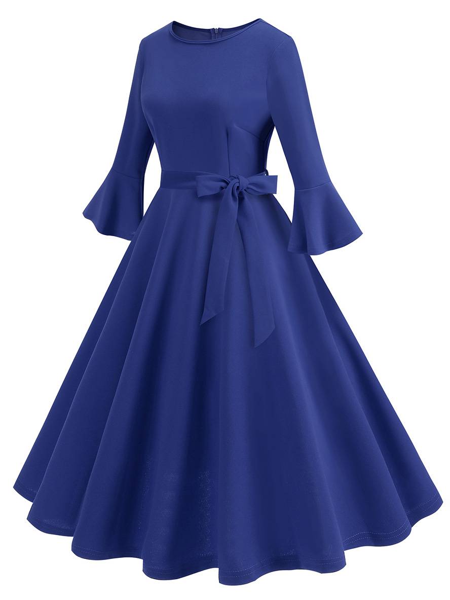 Heidi-Mode | Lange Trapezkleid Fluid Schleifen-Gürtel Flauffed Ärmeln Elegant Vintage Abschlussball Halloween