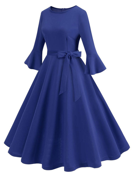 Heidi-Mode | Lange Trapezkleid Fluid Schleifen-Gürtel Flauffed Ärmeln Elegant Vintage Abschlussball Halloween