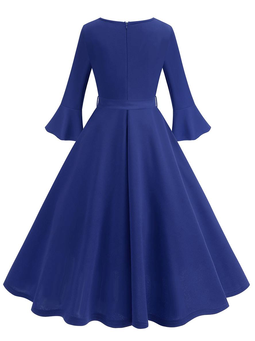 Heidi-Mode | Lange Trapezkleid Fluid Schleifen-Gürtel Flauffed Ärmeln Elegant Vintage Abschlussball Halloween