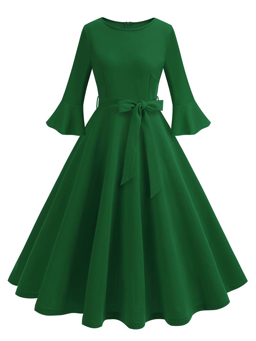 Heidi-Mode | Lange Trapezkleid Fluid Schleifen-Gürtel Flauffed Ärmeln Elegant Vintage Abschlussball Halloween