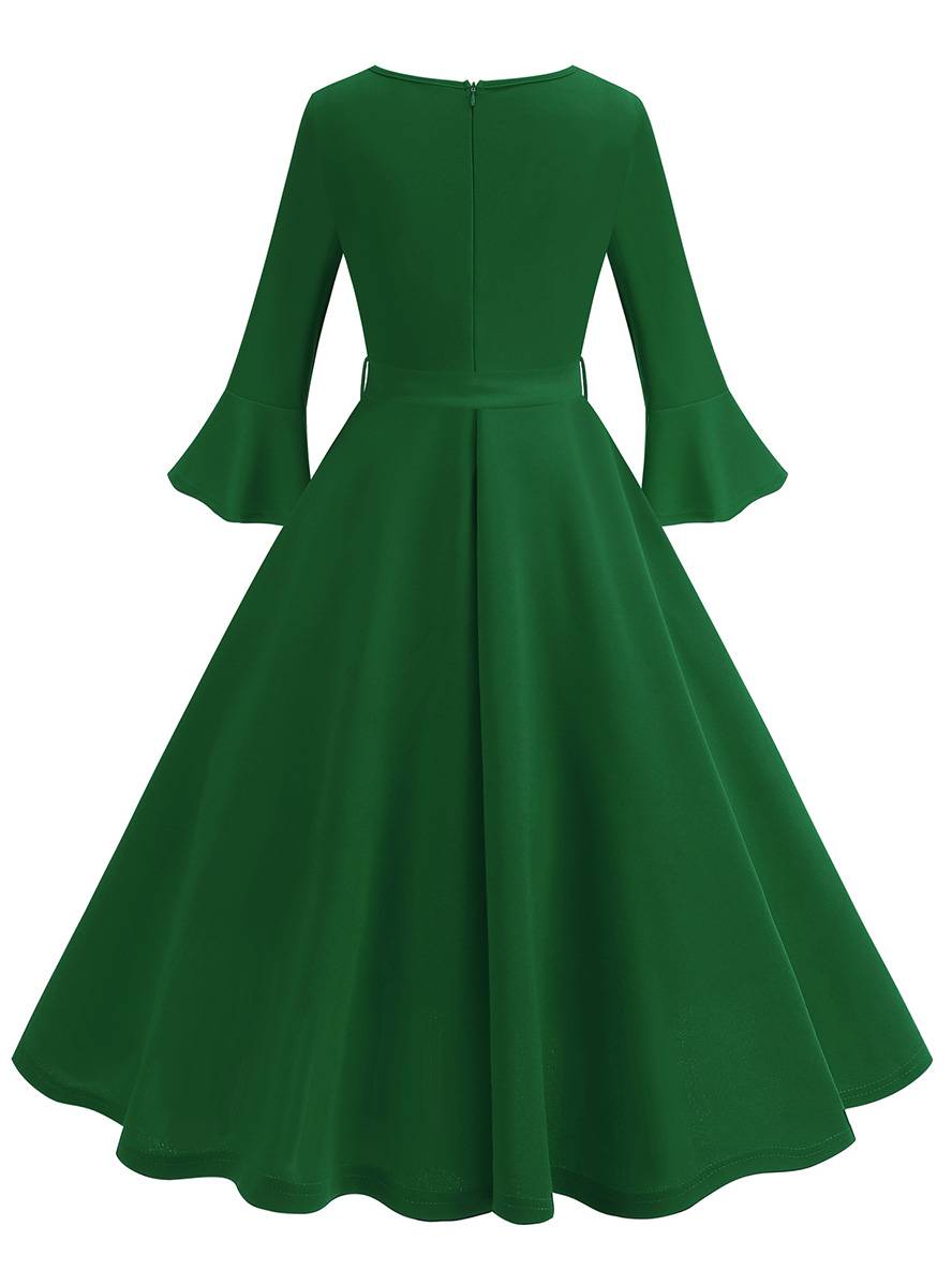 Heidi-Mode | Lange Trapezkleid Fluid Schleifen-Gürtel Flauffed Ärmeln Elegant Vintage Abschlussball Halloween