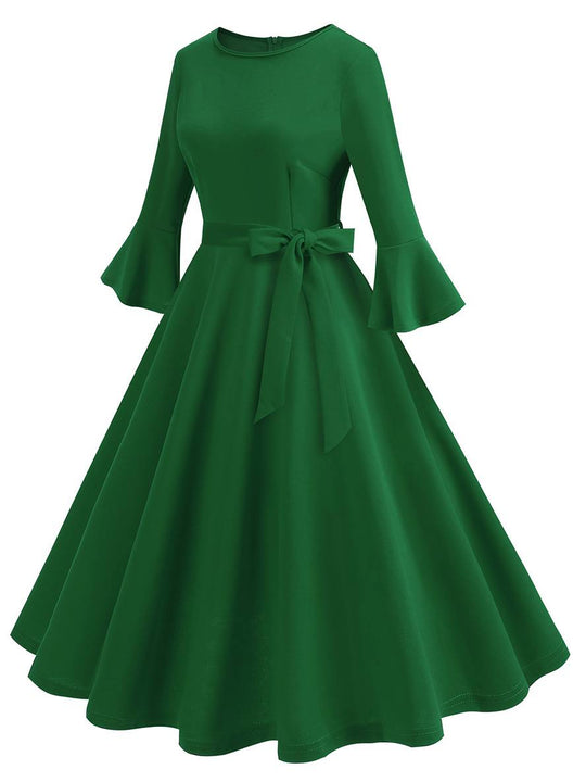 Heidi-Mode | Lange Trapezkleid Fluid Schleifen-Gürtel Flauffed Ärmeln Elegant Vintage Abschlussball Halloween
