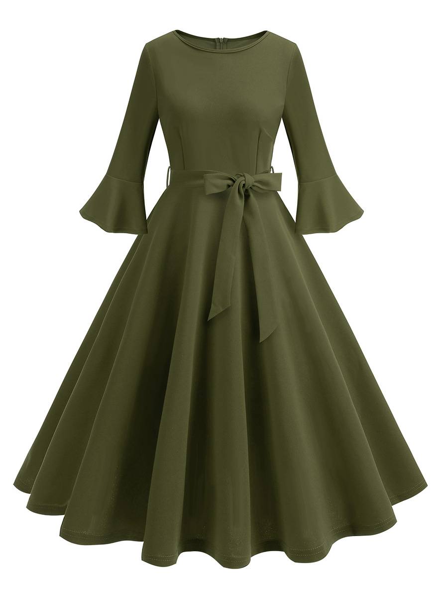Heidi-Mode | Lange Trapezkleid Fluid Schleifen-Gürtel Flauffed Ärmeln Elegant Vintage Abschlussball Halloween