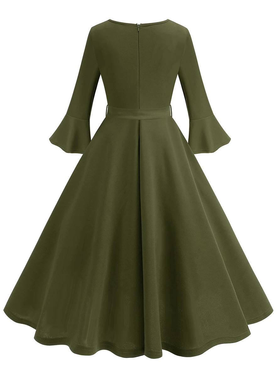 Heidi-Mode | Lange Trapezkleid Fluid Schleifen-Gürtel Flauffed Ärmeln Elegant Vintage Abschlussball Halloween