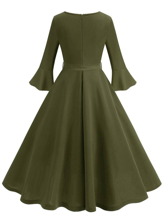 Heidi-Mode | Lange Trapezkleid Fluid Schleifen-Gürtel Flauffed Ärmeln Elegant Vintage Abschlussball Halloween
