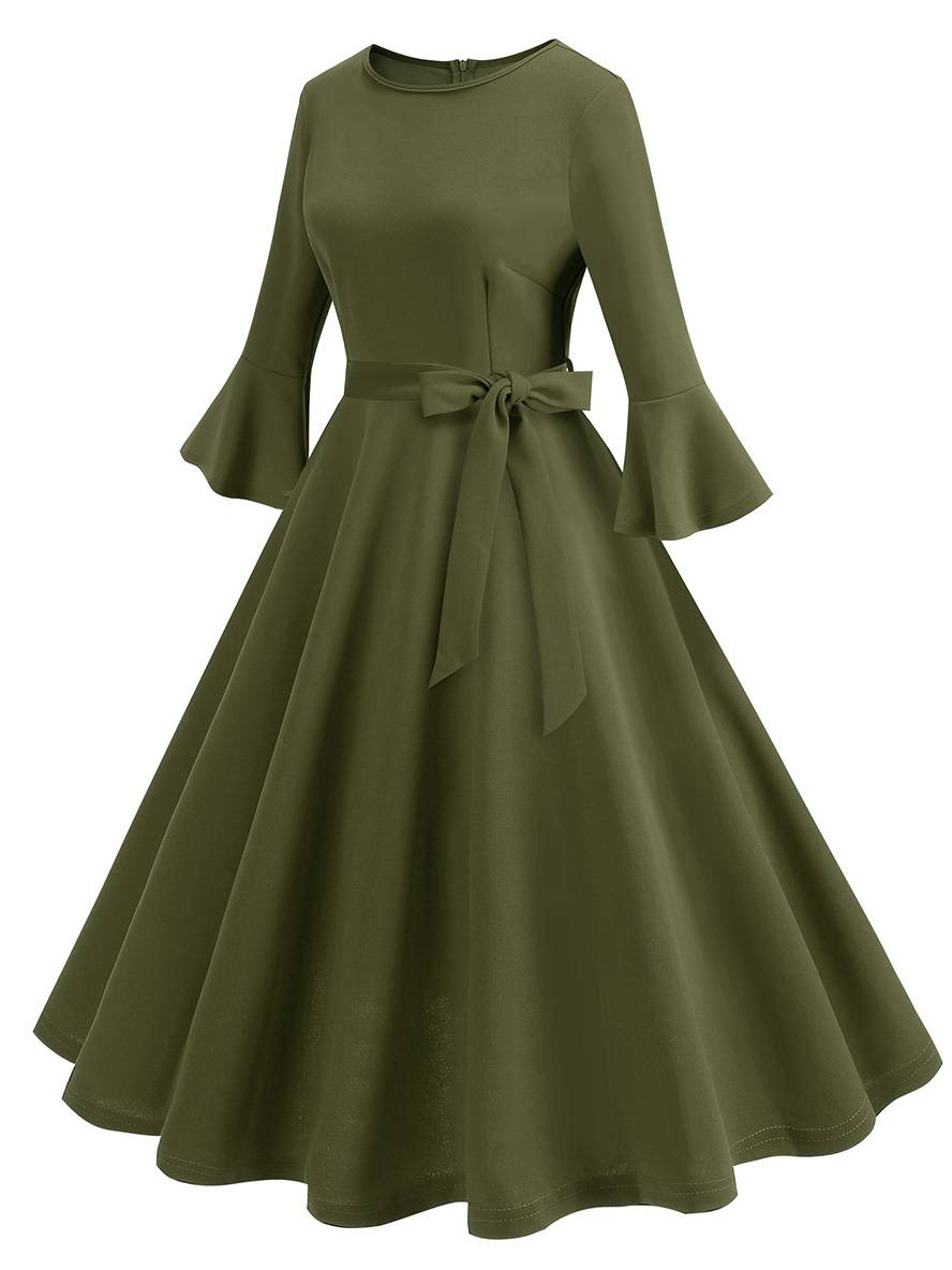 Heidi-Mode | Lange Trapezkleid Fluid Schleifen-Gürtel Flauffed Ärmeln Elegant Vintage Abschlussball Halloween