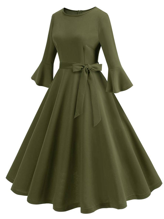 Heidi-Mode | Lange Trapezkleid Fluid Schleifen-Gürtel Flauffed Ärmeln Elegant Vintage Abschlussball Halloween