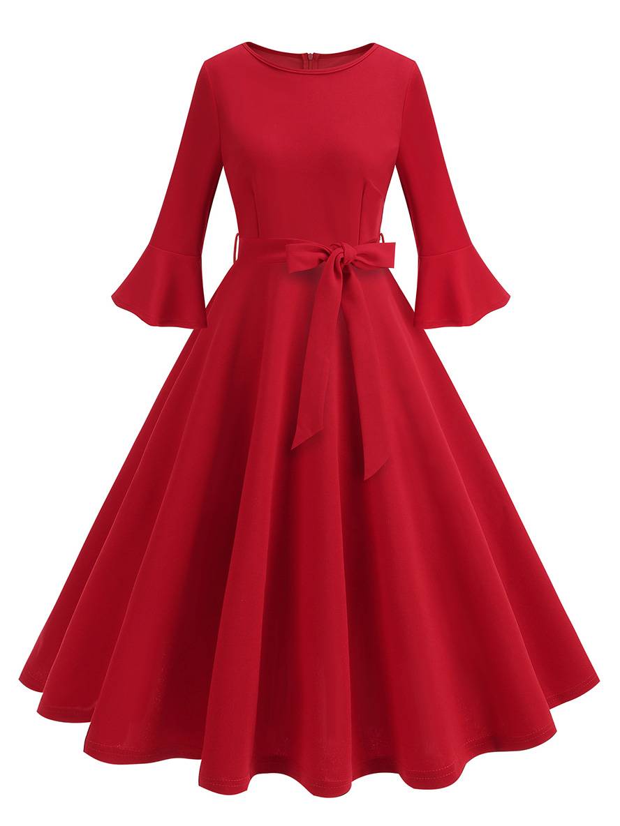 Heidi-Mode | Lange Trapezkleid Fluid Schleifen-Gürtel Flauffed Ärmeln Elegant Vintage Abschlussball Halloween