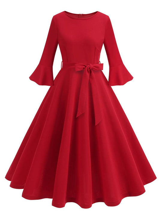 Heidi-Mode | Lange Trapezkleid Fluid Schleifen-Gürtel Flauffed Ärmeln Elegant Vintage Abschlussball Halloween