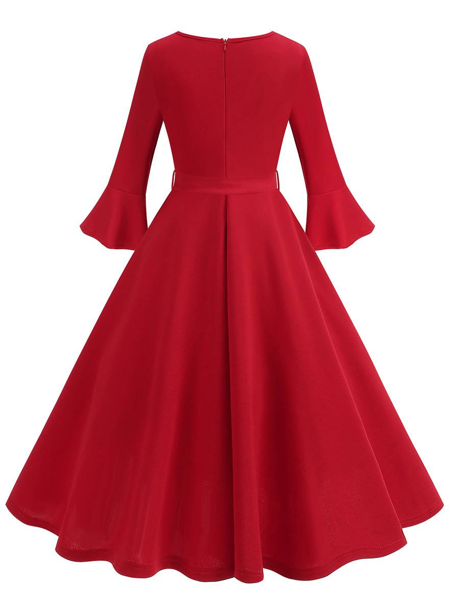 Heidi-Mode | Lange Trapezkleid Fluid Schleifen-Gürtel Flauffed Ärmeln Elegant Vintage Abschlussball Halloween