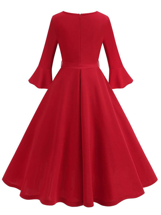 Heidi-Mode | Lange Trapezkleid Fluid Schleifen-Gürtel Flauffed Ärmeln Elegant Vintage Abschlussball Halloween