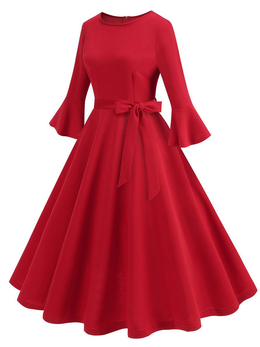 Heidi-Mode | Lange Trapezkleid Fluid Schleifen-Gürtel Flauffed Ärmeln Elegant Vintage Abschlussball Halloween