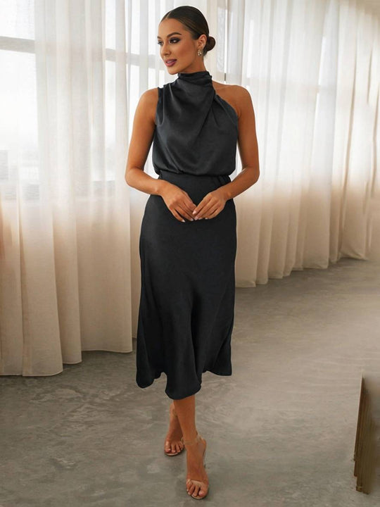 EB | Lange Satin Brautjungfernkleid Unregelmäßiger Rollkragen Halsband Ärmless Elegant Abendkleid für Hochzeit