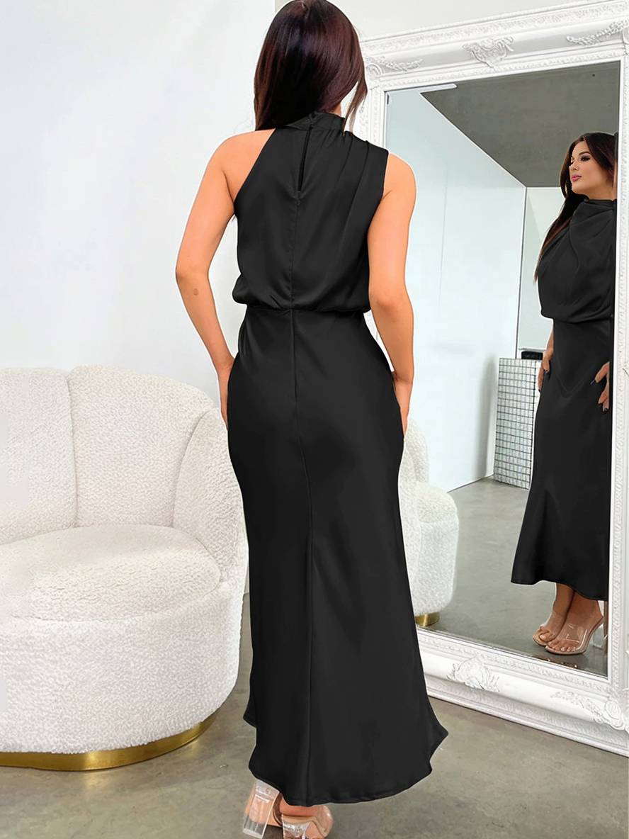EB | Lange Satin Brautjungfernkleid Unregelmäßiger Rollkragen Halsband Ärmless Elegant Abendkleid für Hochzeit