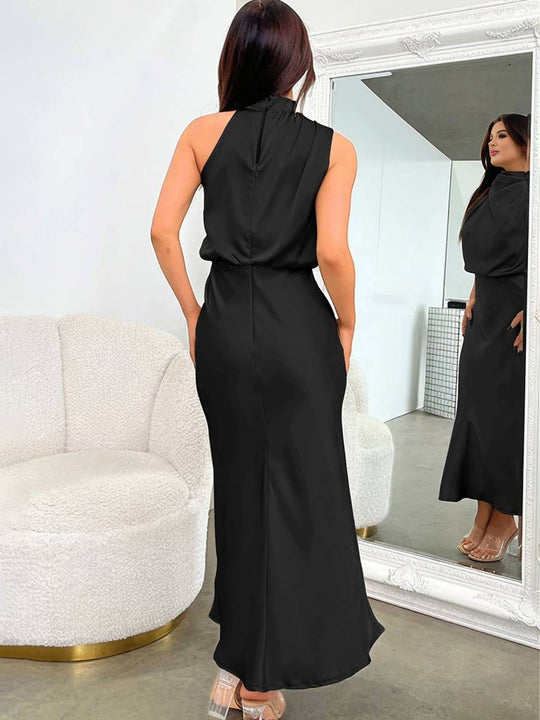 EB | Lange Satin Brautjungfernkleid Unregelmäßiger Rollkragen Halsband Ärmless Elegant Abendkleid für Hochzeit