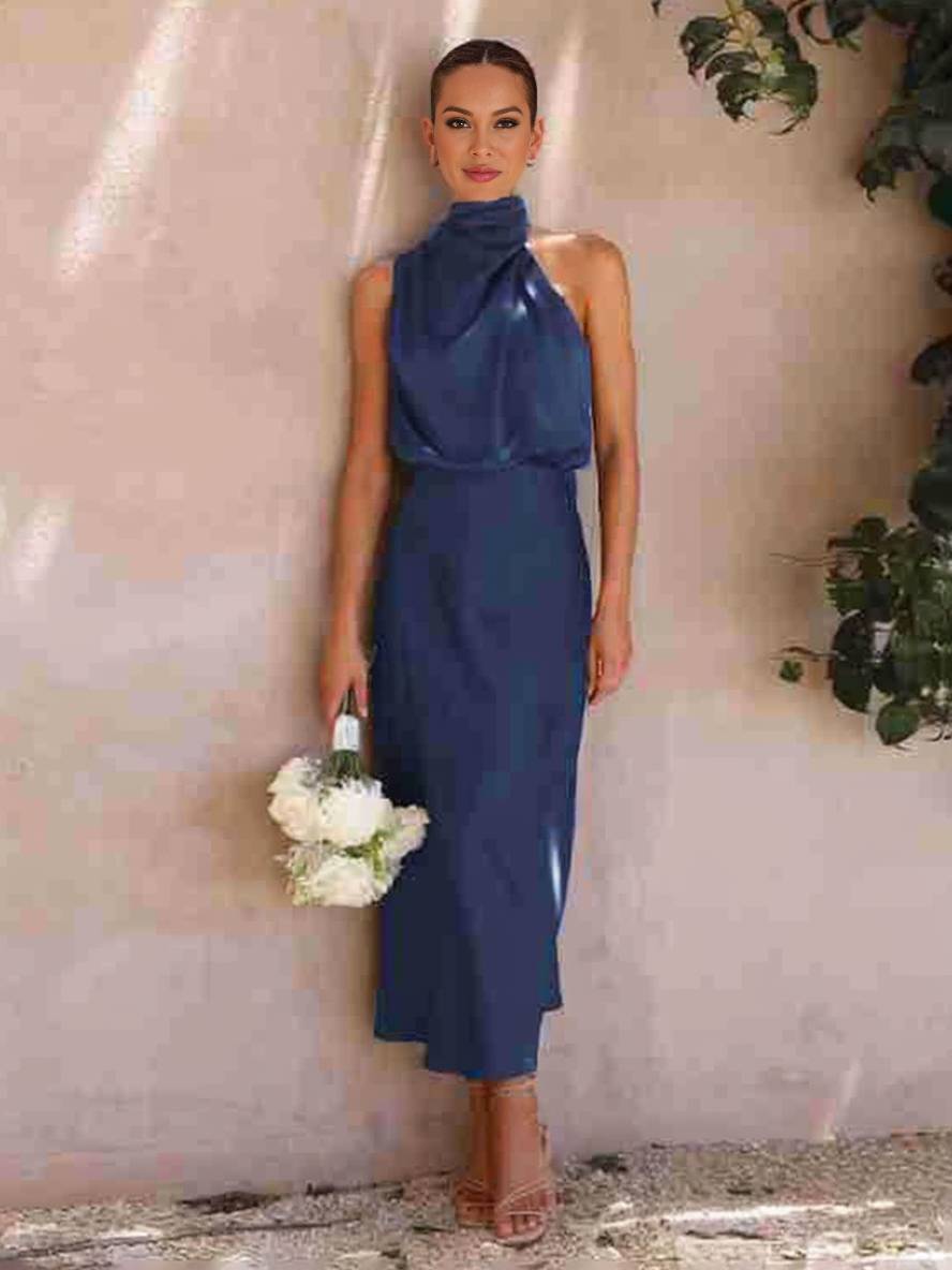 EB | Lange Satin Brautjungfernkleid Unregelmäßiger Rollkragen Halsband Ärmless Elegant Abendkleid für Hochzeit
