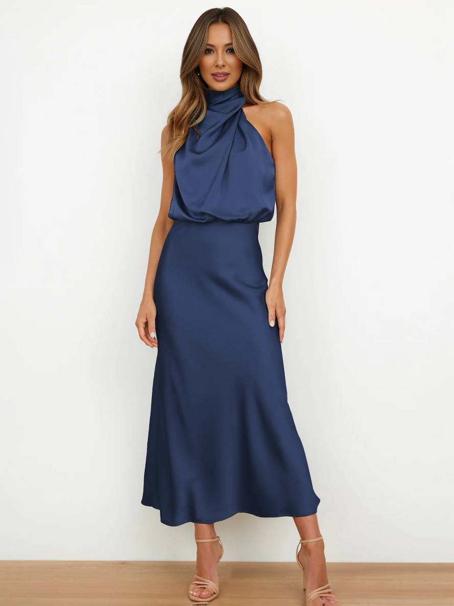 EB | Lange Satin Brautjungfernkleid Unregelmäßiger Rollkragen Halsband Ärmless Elegant Abendkleid für Hochzeit