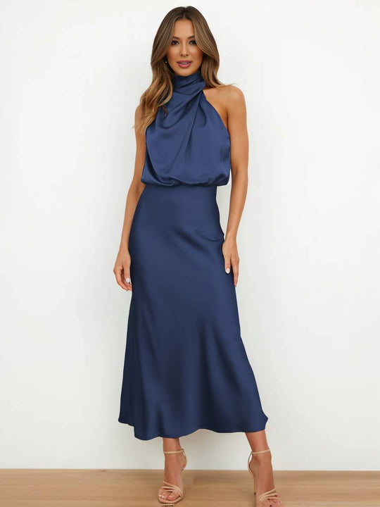 EB | Lange Satin Brautjungfernkleid Unregelmäßiger Rollkragen Halsband Ärmless Elegant Abendkleid für Hochzeit