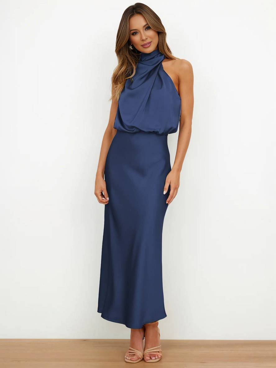 EB | Lange Satin Brautjungfernkleid Unregelmäßiger Rollkragen Halsband Ärmless Elegant Abendkleid für Hochzeit