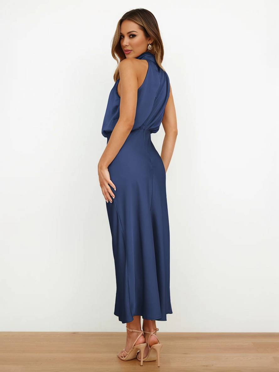 EB | Lange Satin Brautjungfernkleid Unregelmäßiger Rollkragen Halsband Ärmless Elegant Abendkleid für Hochzeit