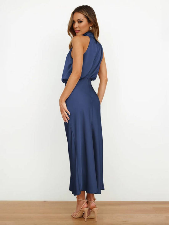 EB | Lange Satin Brautjungfernkleid Unregelmäßiger Rollkragen Halsband Ärmless Elegant Abendkleid für Hochzeit