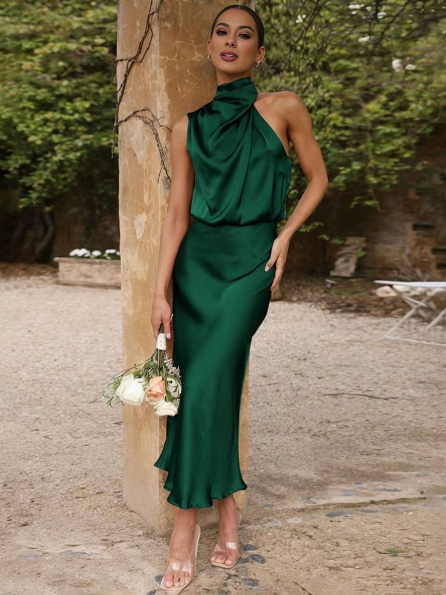 EB | Lange Satin Brautjungfernkleid Unregelmäßiger Rollkragen Halsband Ärmless Elegant Abendkleid für Hochzeit