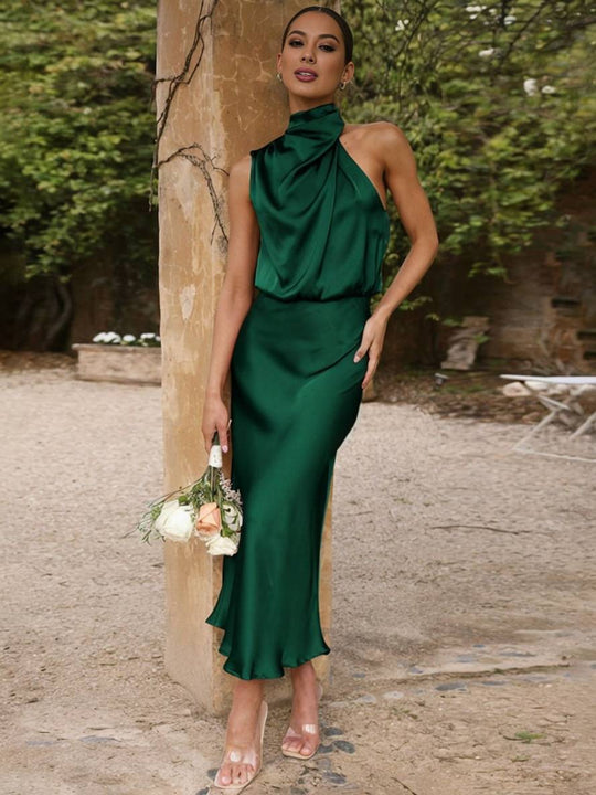 EB | Lange Satin Brautjungfernkleid Unregelmäßiger Rollkragen Halsband Ärmless Elegant Abendkleid für Hochzeit