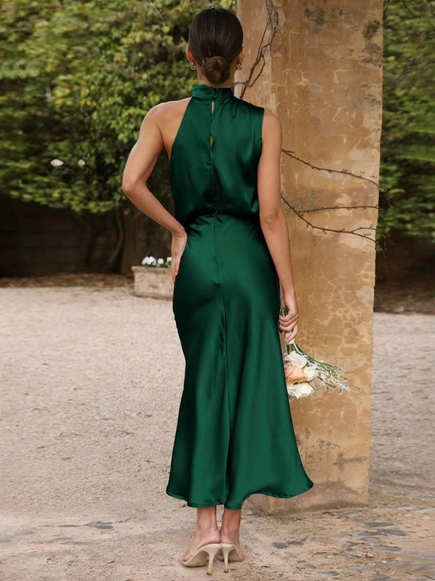 EB | Lange Satin Brautjungfernkleid Unregelmäßiger Rollkragen Halsband Ärmless Elegant Abendkleid für Hochzeit