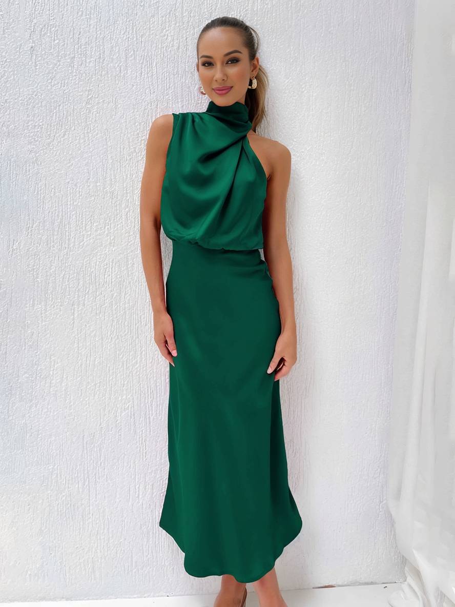 EB | Lange Satin Brautjungfernkleid Unregelmäßiger Rollkragen Halsband Ärmless Elegant Abendkleid für Hochzeit