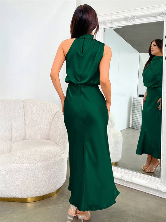 EB | Lange Satin Brautjungfernkleid Unregelmäßiger Rollkragen Halsband Ärmless Elegant Abendkleid für Hochzeit