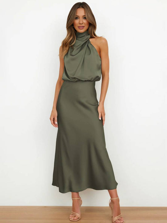 EB | Lange Satin Brautjungfernkleid Unregelmäßiger Rollkragen Halsband Ärmless Elegant Abendkleid für Hochzeit