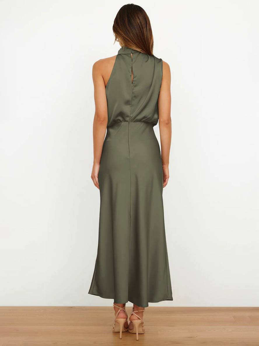EB | Lange Satin Brautjungfernkleid Unregelmäßiger Rollkragen Halsband Ärmless Elegant Abendkleid für Hochzeit