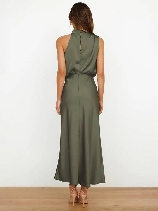 EB | Lange Satin Brautjungfernkleid Unregelmäßiger Rollkragen Halsband Ärmless Elegant Abendkleid für Hochzeit