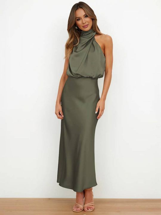 EB | Lange Satin Brautjungfernkleid Unregelmäßiger Rollkragen Halsband Ärmless Elegant Abendkleid für Hochzeit