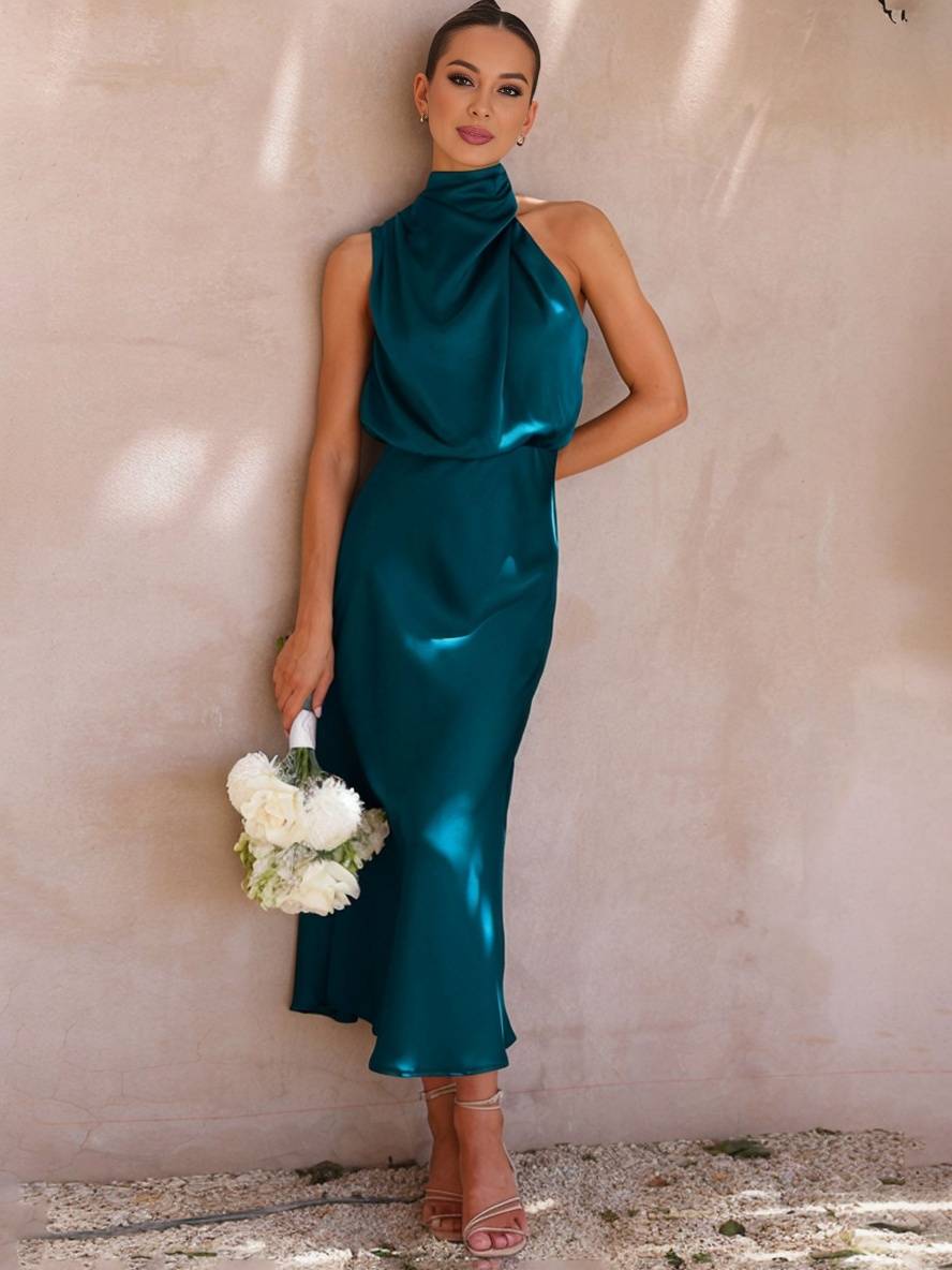 EB | Lange Satin Brautjungfernkleid Unregelmäßiger Rollkragen Halsband Ärmless Elegant Abendkleid für Hochzeit